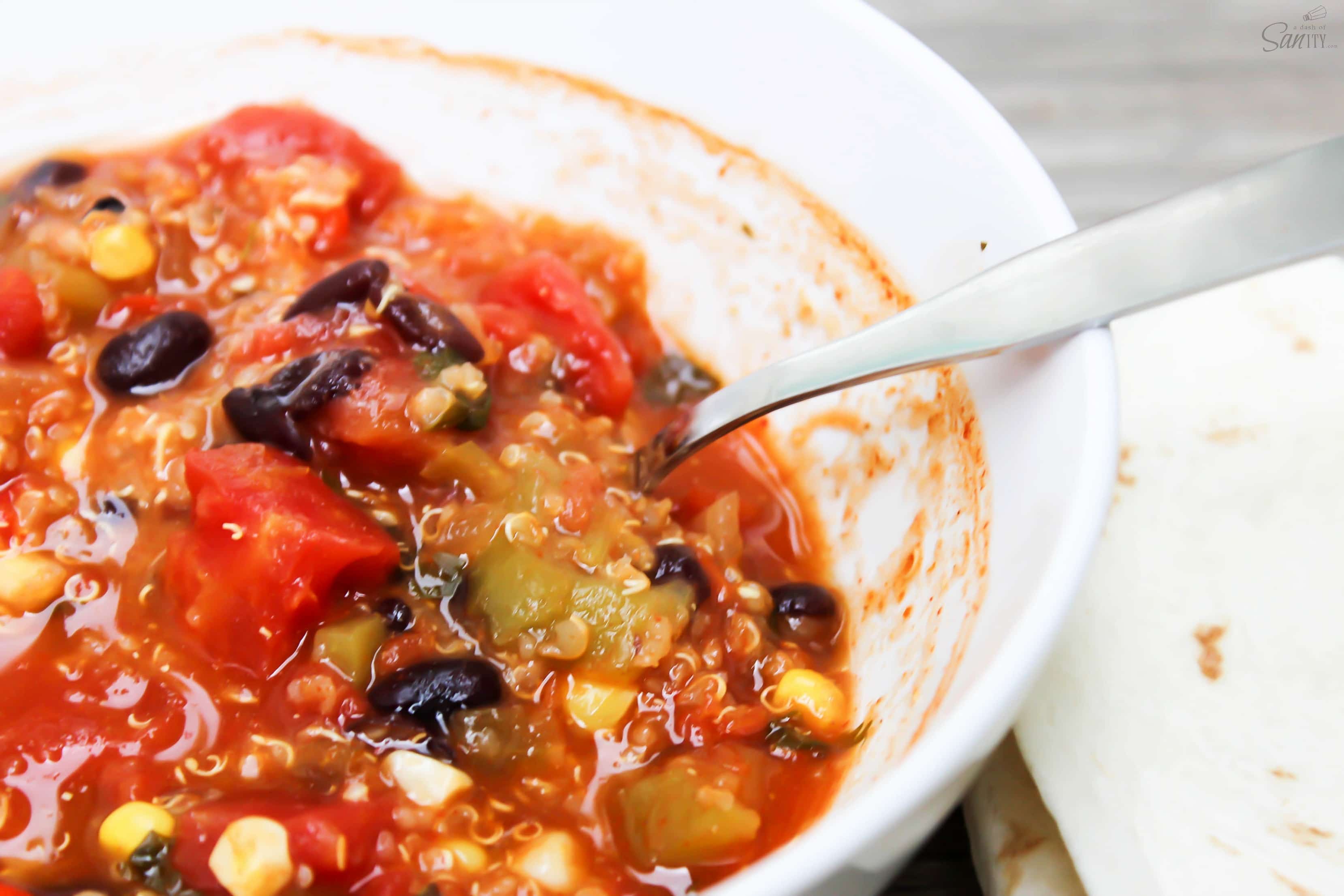 This Slow Cooker Quinoa Tortilla Soup is packed with flavor. Simply throw it all together in the slow cooker for a few hours and viola! Dinner is served.