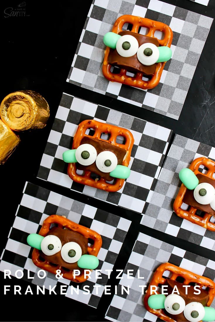 These Rolo & Pretzel Frankenstein Treats create a monster of a bash. With caramel, chocolate, and pretzels, forget Trick or Treating and just make these! Rolo & Pretzel Frankenstein Treats
