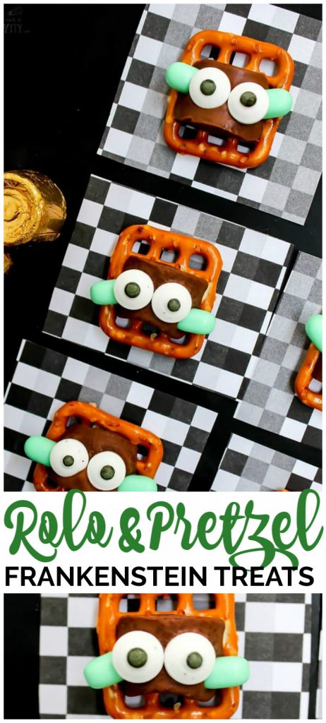 These Rolo & Pretzel Frankenstein Treats create a monster of a bash. With caramel, chocolate, and pretzels, forget Trick or Treating and just make these! Rolo & Pretzel Frankenstein Treats pinterest image
