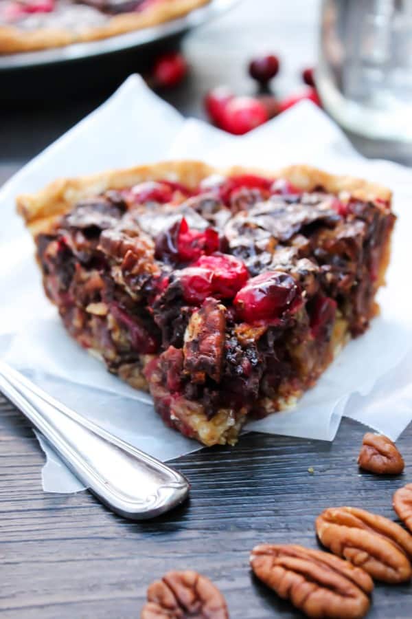 slice of chocolate pecan pie
