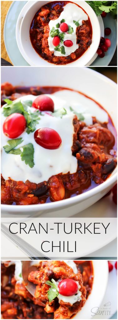This Cran-Turkey Chili is your Thanksgiving leftover turkey reconstructed into an easy, delicious chili dinner using traditional holiday ingredients. Cran-Turkey Chili long pin