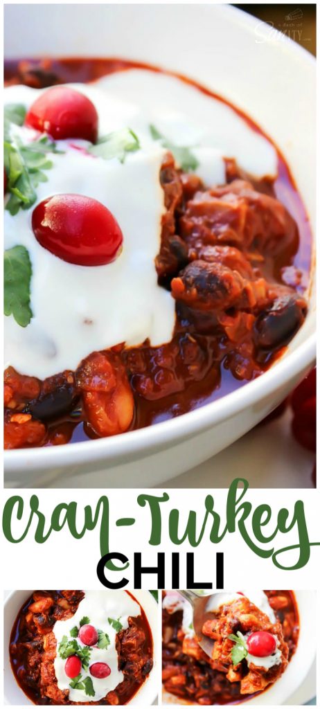 This Cran-Turkey Chili is your Thanksgiving leftover turkey reconstructed into an easy, delicious chili dinner using traditional holiday ingredients. Cran-Turkey Chili pinterest image
