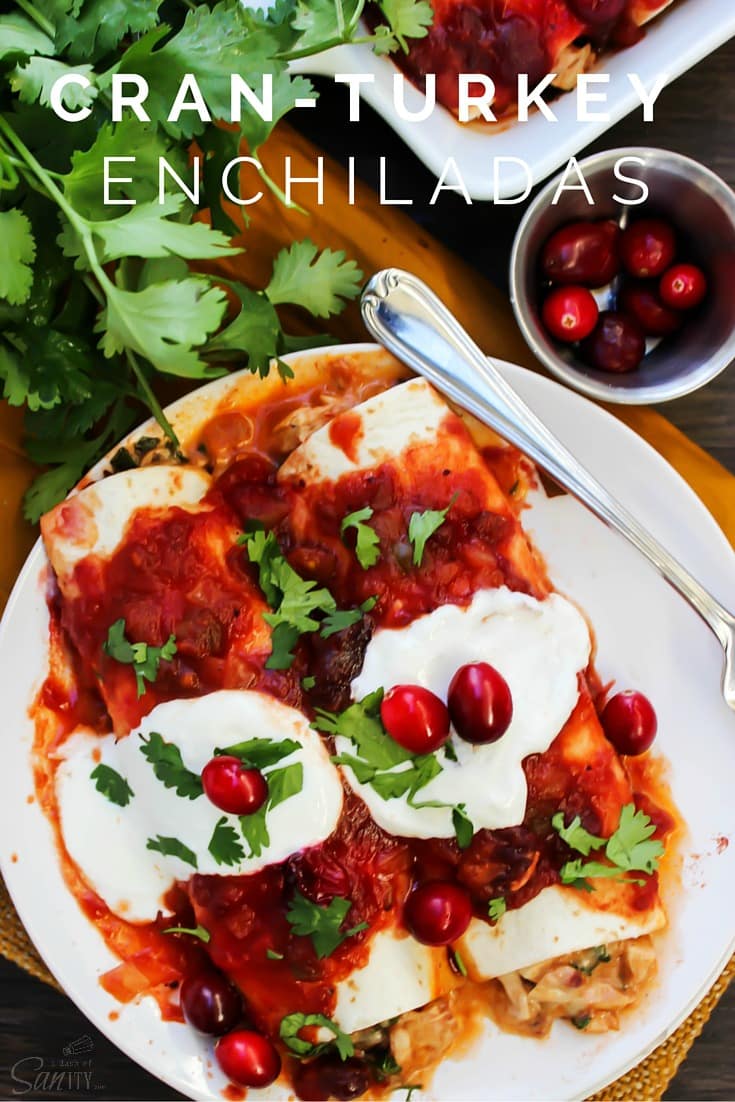 Made with a tangy-sweet sauce these Cran-Turkey Enchiladas are the best twist on enchiladas that I have ever had. Don't wait for the holidays to make these! Cran-Turkey Enchiladas overhead shot