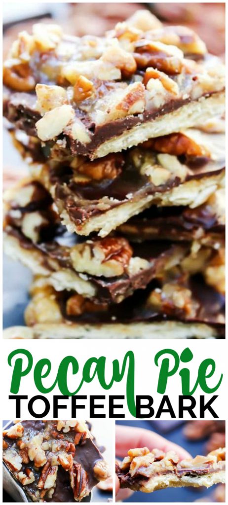 Pecan Pie Toffee Bark is a crispy caramel chocolate bark topped with candied pecans, making a traditional pie into an easy to make, delightful candy treat. 