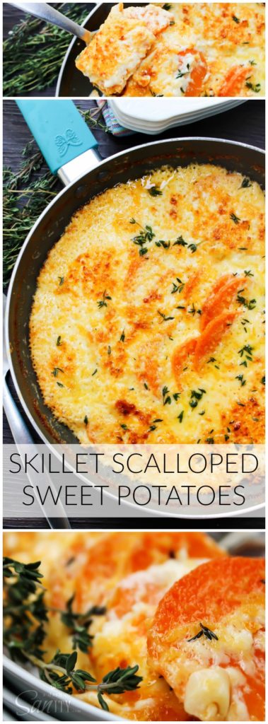 Skillet Scalloped Sweet Potatoes is an elegant twist on a holiday classic of Scalloped Potatoes. Layers of sweet potatoes, cheese, and a white cream sauce. Skillet Scalloped Sweet Potatoes is an elegant twist on a holiday classic of Scalloped Potatoes. Layers of sweet potatoes, cheese, and a white cream sauce.