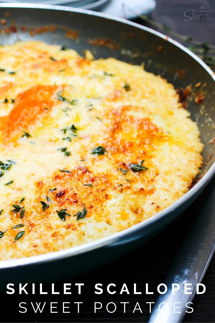 Skillet Scalloped Sweet Potatoes is an elegant twist on a holiday classic of Scalloped Potatoes. Layers of sweet potatoes, cheese, and a white cream sauce. Skillet Scalloped Sweet Potatoes