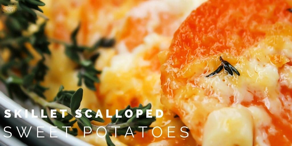 Skillet Scalloped Sweet Potatoes is an elegant twist on a holiday classic of Scalloped Potatoes. Layers of sweet potatoes, cheese, and a white cream sauce. Skillet Scalloped Sweet Potatoes is an elegant twist on a holiday classic of Scalloped Potatoes. Layers of sweet potatoes, cheese, and a white cream sauce.