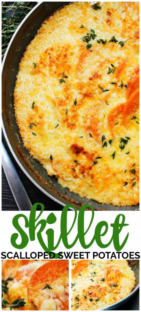 Skillet Scalloped Sweet Potatoes is an elegant twist on a holiday classic of Scalloped Potatoes. Layers of sweet potatoes, cheese, and a white cream sauce. Skillet Scalloped Sweet Potatoes pinterest image