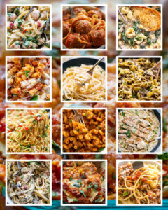 collage image of pasta dishes