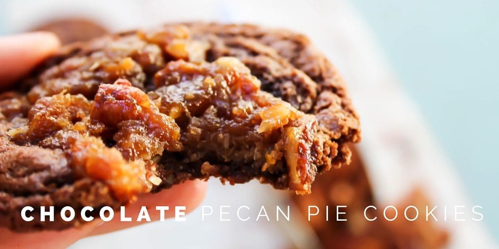 These Chocolate Pecan Pie Cookies are a delicious soft and chewy chocolate cookie with a classic pecan pie filling baked into the center.