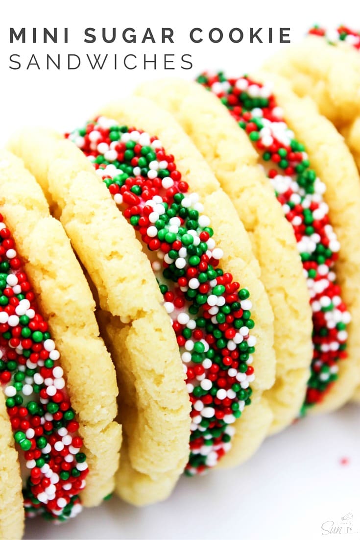 Mini Sugar Cookie Sandwiches are made from whipped buttercream frosting smashed in between two-bite sized chewy sugar cookies, all with a secret ingredient.
