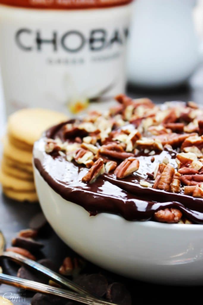 No-Bake Turtle Cheesecake topped with pecans