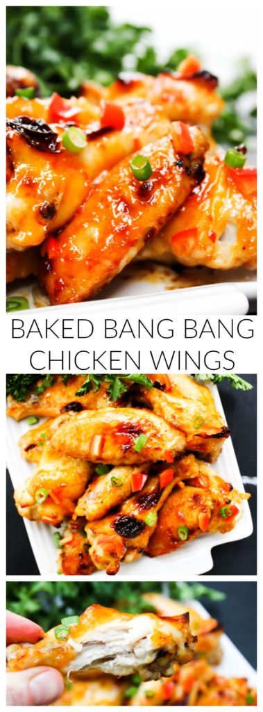 Baked Bang Bang Chicken Wings are sweet & spicy chicken wings baked in garlic chili sauce, which makes a traditional football game day appetizer healthier. Baked Bang Bang Chicken Wings LONG PIN
