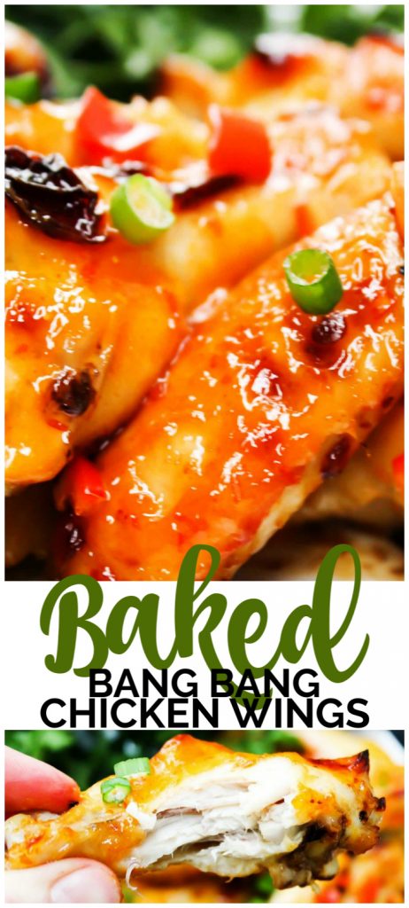 Baked Bang Bang Chicken Wings are sweet & spicy chicken wings baked in garlic chili sauce, which makes a traditional football game day appetizer healthier. Baked Bang Bang Chicken Wings pinterest image