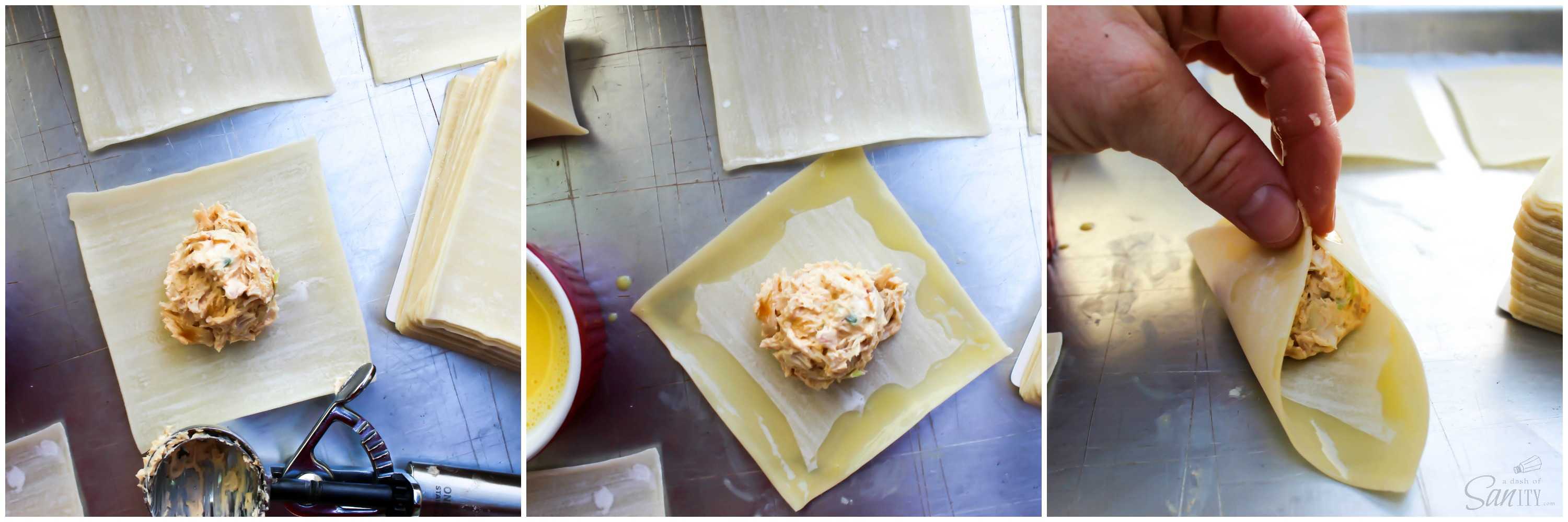 Baked Chicken Wontons are a healthier version of the classic cream-cheese wonton, with a chicken filling flavored with sesame, green onions and sriracha.