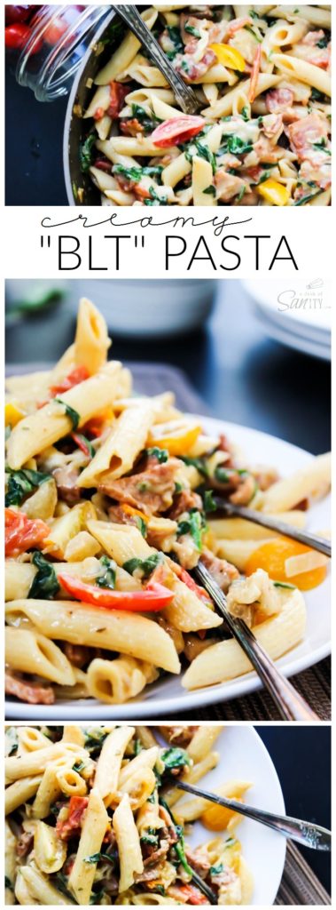 Creamy "BLT" Pasta is a twist on a traditional BLT. Made with bacon, roasted tomatoes, and spinach, this will have you craving a BLT every single night.