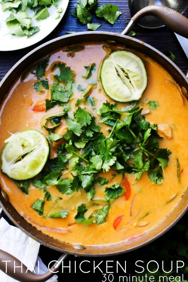 30 Minute Thai Chicken Soup is easy to make but has all the traditional flavors of a classic Thai soup: coconut, curry, cilantro, and fresh lime. 30 Minute Thai Chicken Soup