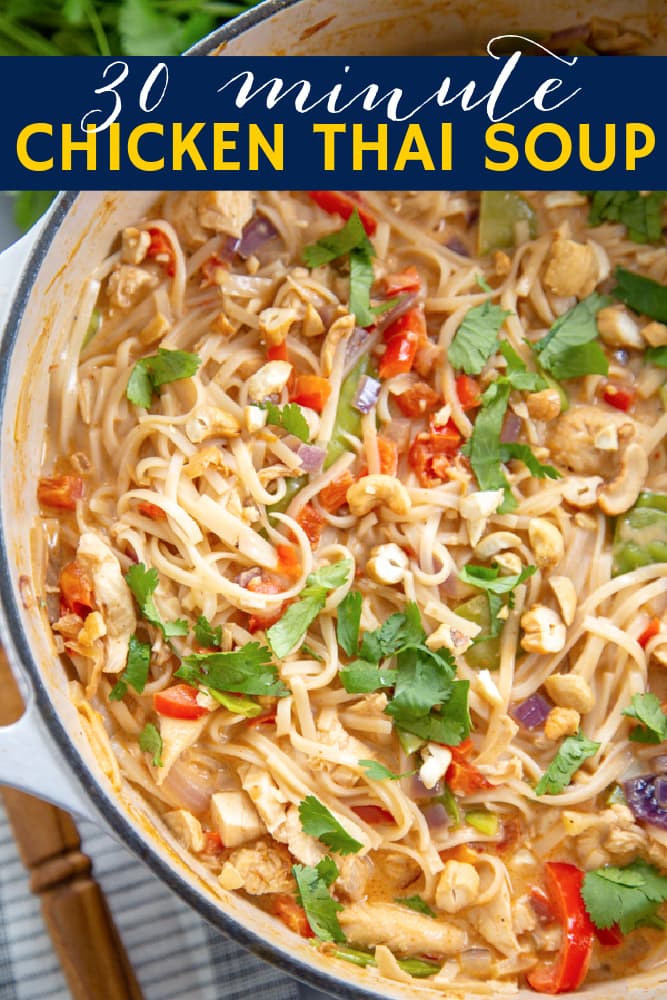 30 Minute Thai Chicken Soup is easy to make but has all the traditional flavors of a classic Thai soup: coconut, curry, cilantro, and fresh lime. thai chicken soup social media image.