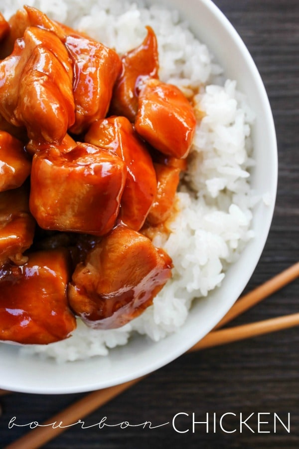 Bourbon Chicken is my favorite easy dinnertime meal. Served with rice, green onions, and lots of sauce, this meal is delicious and ready in just 30 minutes.