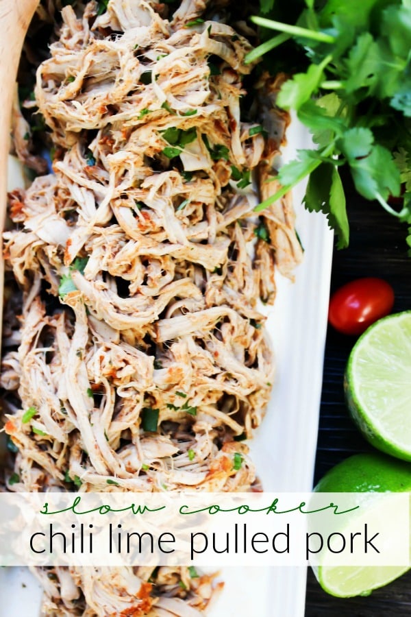 Slow Cooker Chili Lime Pulled Pork is made with a chili rub, fresh cilantro, and cooked in lime juice. This is the easiest, juiciest pulled pork recipe.