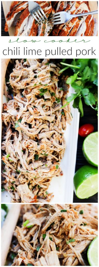 Slow Cooker Chili Lime Pulled Pork is made with a chili rub, fresh cilantro, and cooked in lime juice. This is the easiest, juiciest pulled pork recipe.