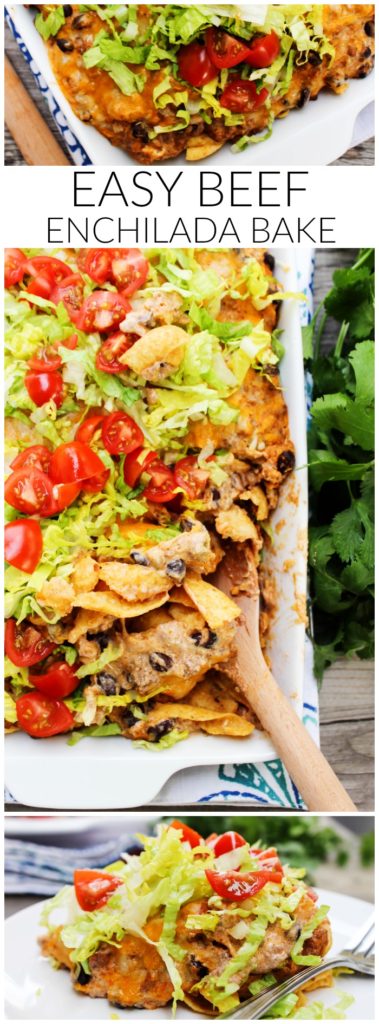 Easy Beef Enchilada Bake is a delicious, easy to make twist on classic enchiladas. This 30-minute meal will be one that the whole family loves.