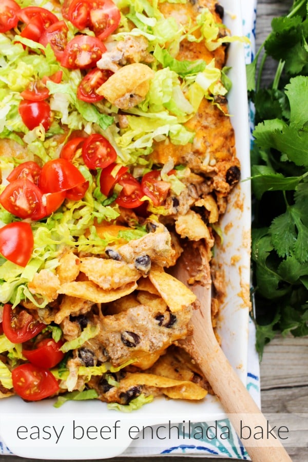 Easy Beef Enchilada Bake is a delicious, easy to make twist on classic enchiladas. This 30-minute meal will be one that the whole family loves.