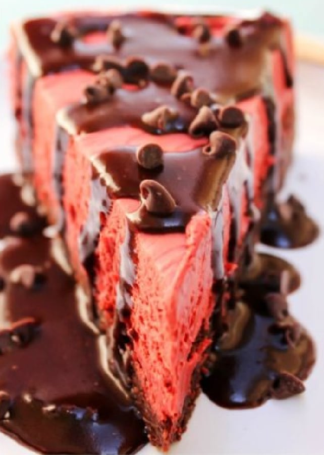 slice of red velvet cheesecake with hot fudget