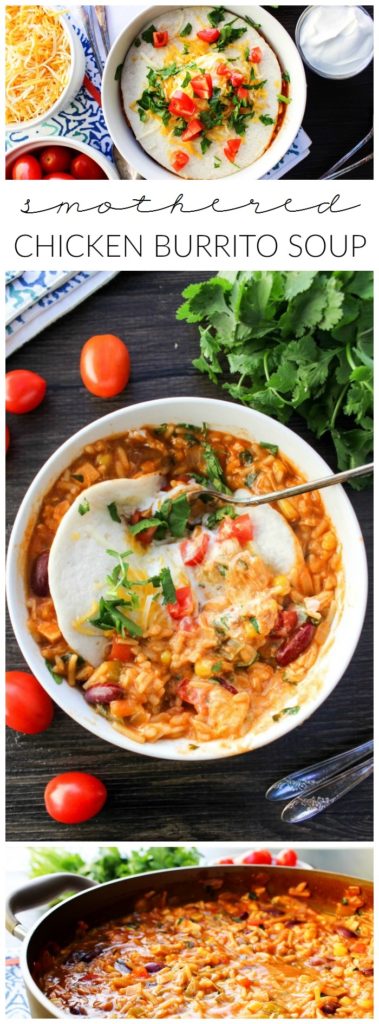 Smothered Chicken Burrito Soup is like a burrito bowl with chicken, beans, rice, enchilada sauce, taco seasoning, cilantro, & a special secret ingredient.