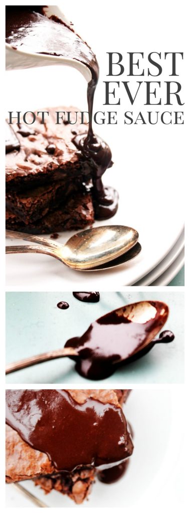 With a few simple ingredients & just 10 minutes, you're ready to make Best Ever Hot Fudge Sauce. Once you make this, you will never buy store bought again. collage of photos of the hot fudge sauce.