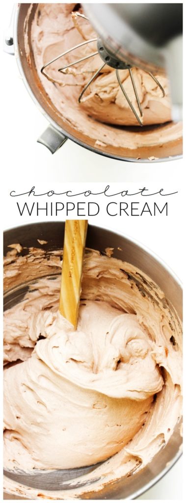 Chocolate Whipped Cream in a metal bowl of a stand mixer, Chocolate Whipped Cream in a bowl with a wooden spoon