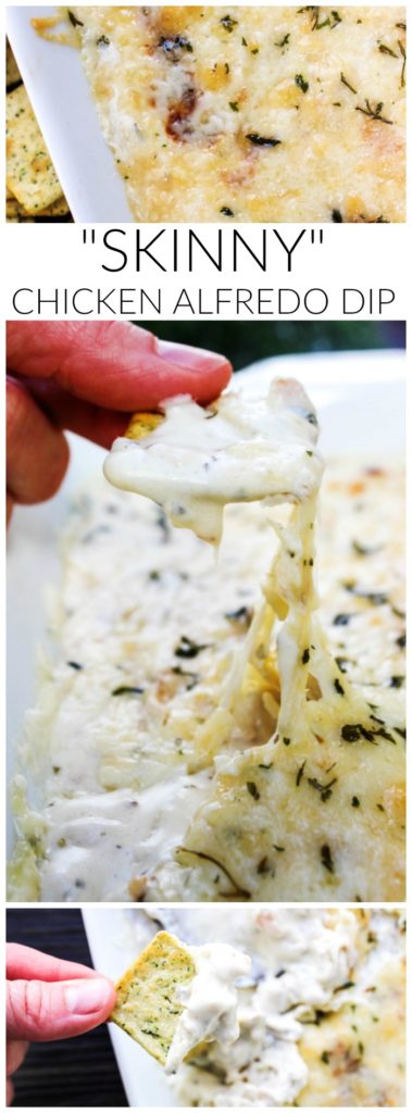 "Skinny" Chicken Alfredo Dip is a light version of my favorite cheesy & chicken dish, converted into a dip. This dip is a soon to be a snack-time favorite. "Skinny" Chicken Alfredo Dip is a light version of my favorite cheesy & chicken dish, converted into a dip. This dip is a soon to be a snack-time favorite.
