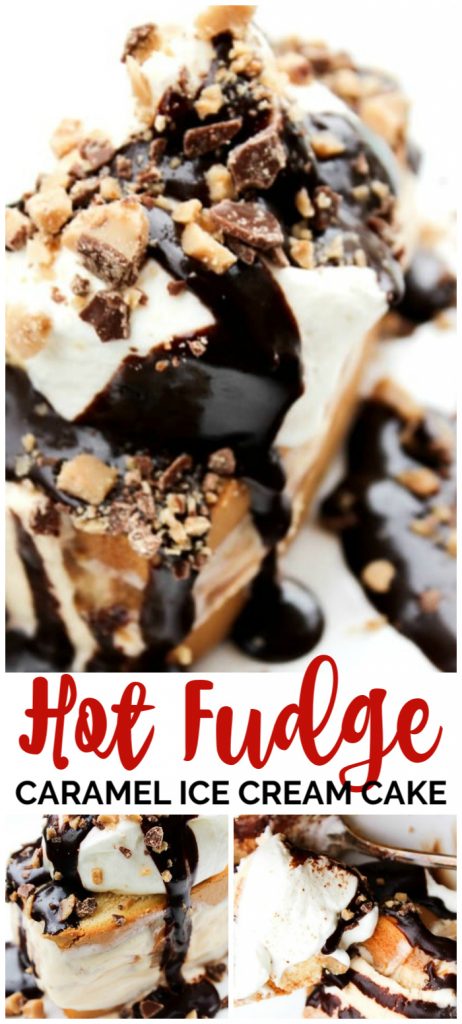 Hot Fudge Caramel Ice Cream Cake pinterest image