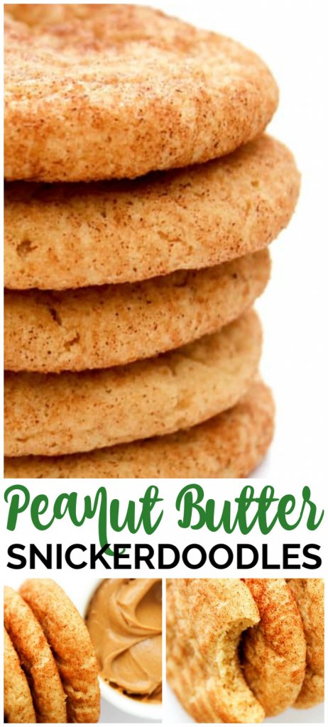 Peanut Butter Snickerdoodles are soft, chewy, and delicious. They are two of my favorite cookies ever combined into one addictive treat. Peanut Butter Snickerdoodles pinterest image