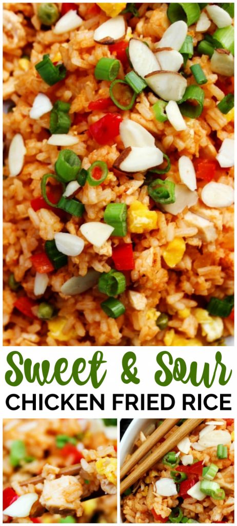 Skip the take-out and make this Sweet & Sour Chicken Fried Rice instead. Two of your favorite take-out dishes made into one easy 30-minute meal. Sweet & Sour Chicken Fried Rice pinterest image