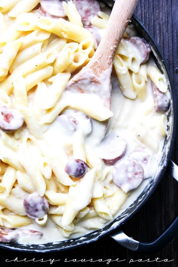 This Cheesy Sausage Pasta is full of creamy sauce, tossed in gluten-free pasta, and sliced sausages. It's an easy weeknight meal that everyone can enjoy.