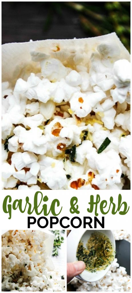 This Garlic & Herb Popcorn is a deliciously savory snack that is super simple to prepare and ready to be devoured in merely 10-minutes. Garlic & Herb Popcorn pinterest image