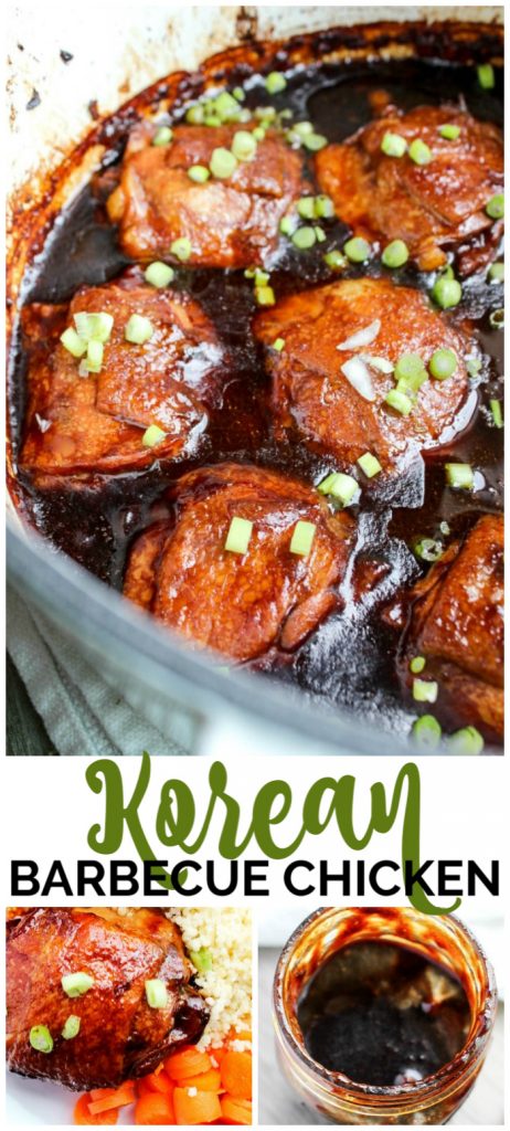 A flavorful combination of sweet and salty, this Korean Barbecue Chicken has all the classic-hints of a traditional American barbecue sauce with a punch. Korean Barbecue Chicken pinterest image