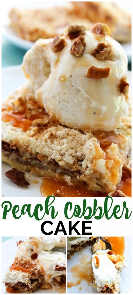 Peach Cobbler Cake is where cake and cobbler collide into one pan. This is a deliciously easy to make dessert that will become an instant family favorite. Peach Cobbler Cake pinterest image