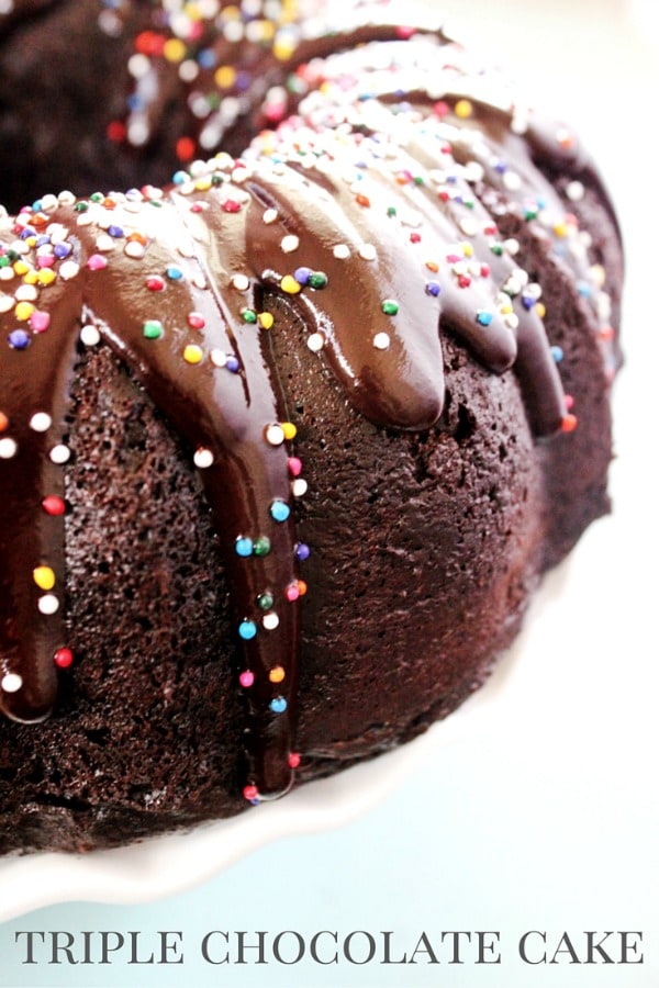 This Triple Chocolate Cake is a rich, fudge-like chocolate cake with chocolate chips and topped with a chocolate frosting. It is a chocolate lovers dream.