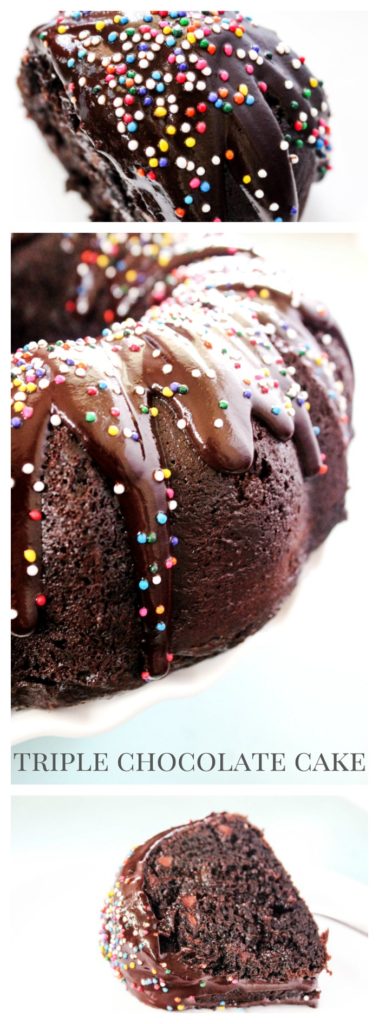 This Triple Chocolate Cake is a rich, fudge-like chocolate cake with chocolate chips and topped with a chocolate frosting. It is a chocolate lovers dream.