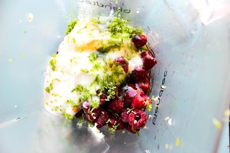 Raspberry Lime Frozen Yogurt is a tart "skinny" frozen yogurt that can be made in a matter of minutes. This will become a summer must have.