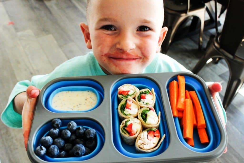 Strawberry Chicken Salad Wraps & Best Tips for Back to School Lunches -Wraps made with strawberries, chicken, mozzarella cheese, spinach and poppy seed dip. 