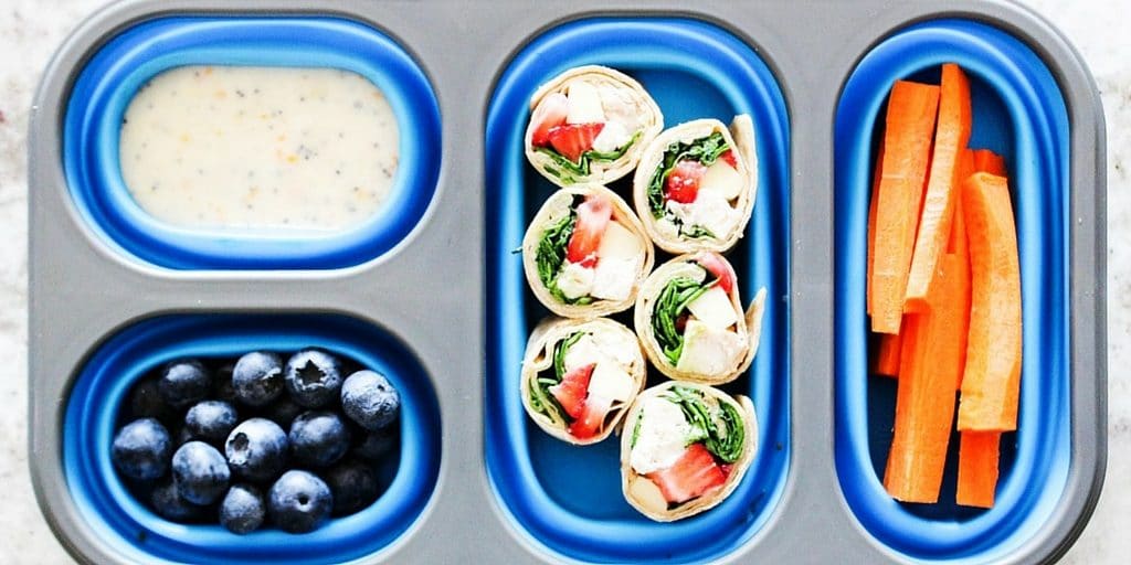Strawberry Chicken Salad Wraps & Best Tips for Back to School Lunches -Wraps made with strawberries, chicken, mozzarella cheese, spinach and poppy seed dip. 