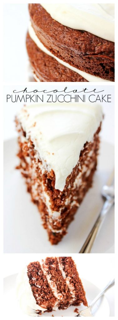 Chocolate Pumpkin Zucchini Cake is a delicious layer cake made with three of my favorite fall ingredients. It is a perfect dessert for this time of year. Chocolate Pumpkin Zucchini Layer Cake LONG PIN
