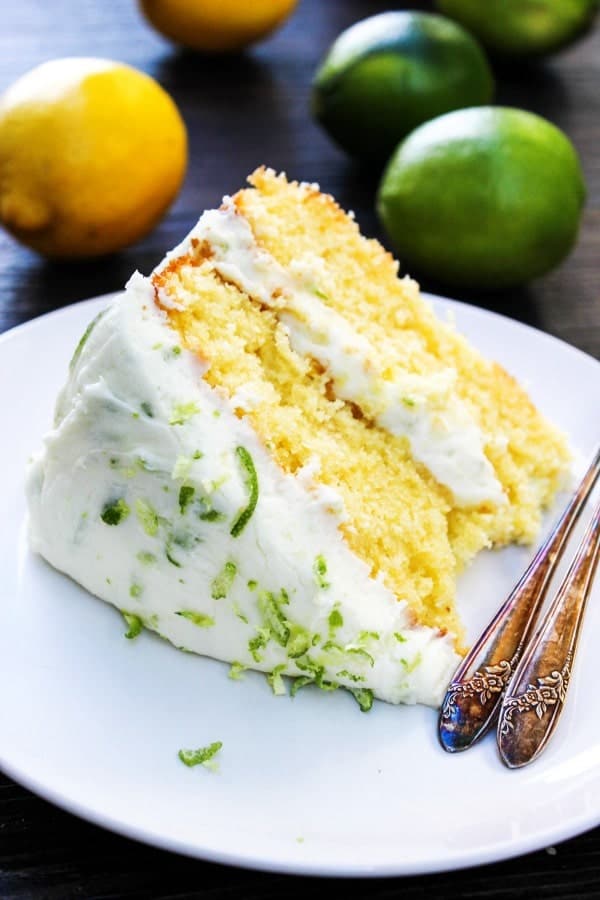 slice of lemon lime cake on plate