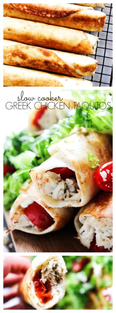 Slow Cooker Greek Chicken Taquitos is a twist on classic chicken taquitos. Made with fresh tomatoes, feta, and Greek dressing, this is so easy & delicious. 