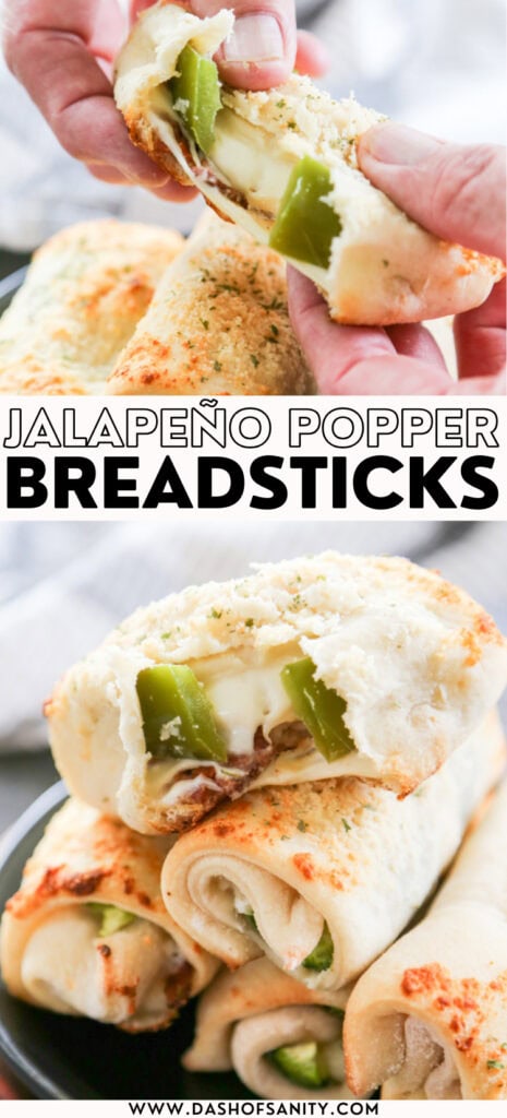 collage image of cheesy jalapeno popper breadsticks with recipe title