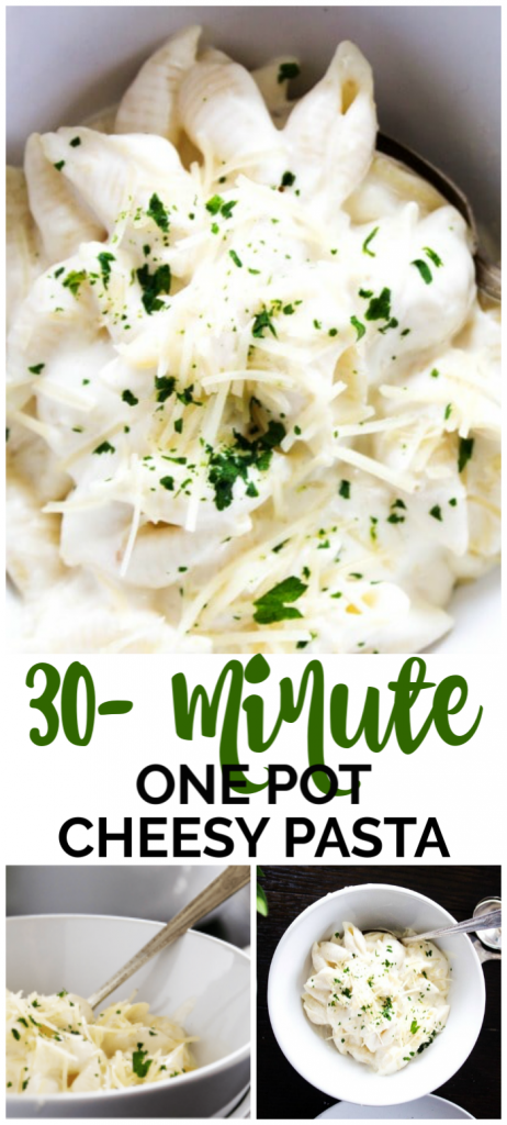30-Minute One Pot Cheesy Pasta is hands down the best. The layers of cheesy flavor is unbeatable. This dish will quickly become a family favorite. 30-Minute One Pot Cheesy Pasta pinterest image