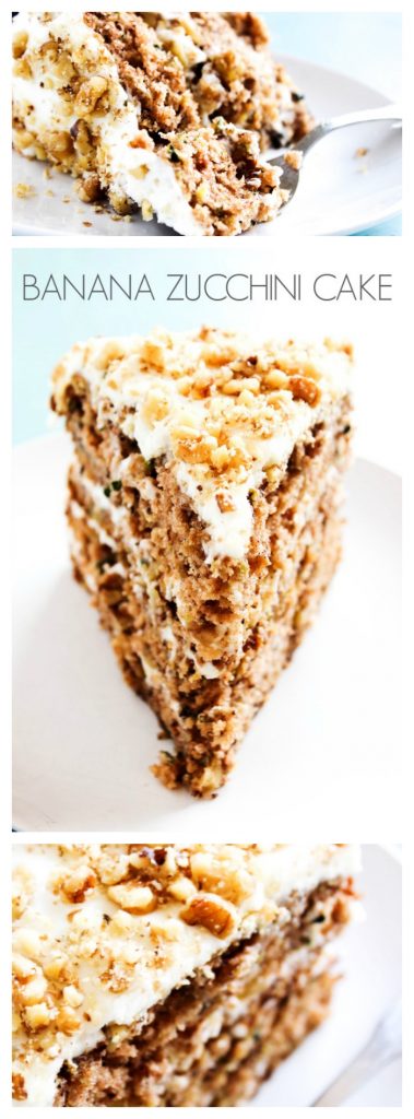 Banana Zucchini Cake slice on a white plate